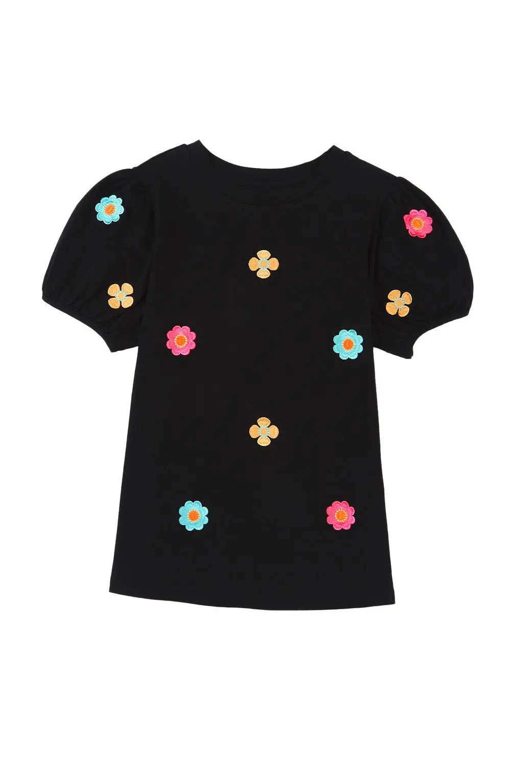 Black Embroidered Flower Short Puff Sleeve Tee-18