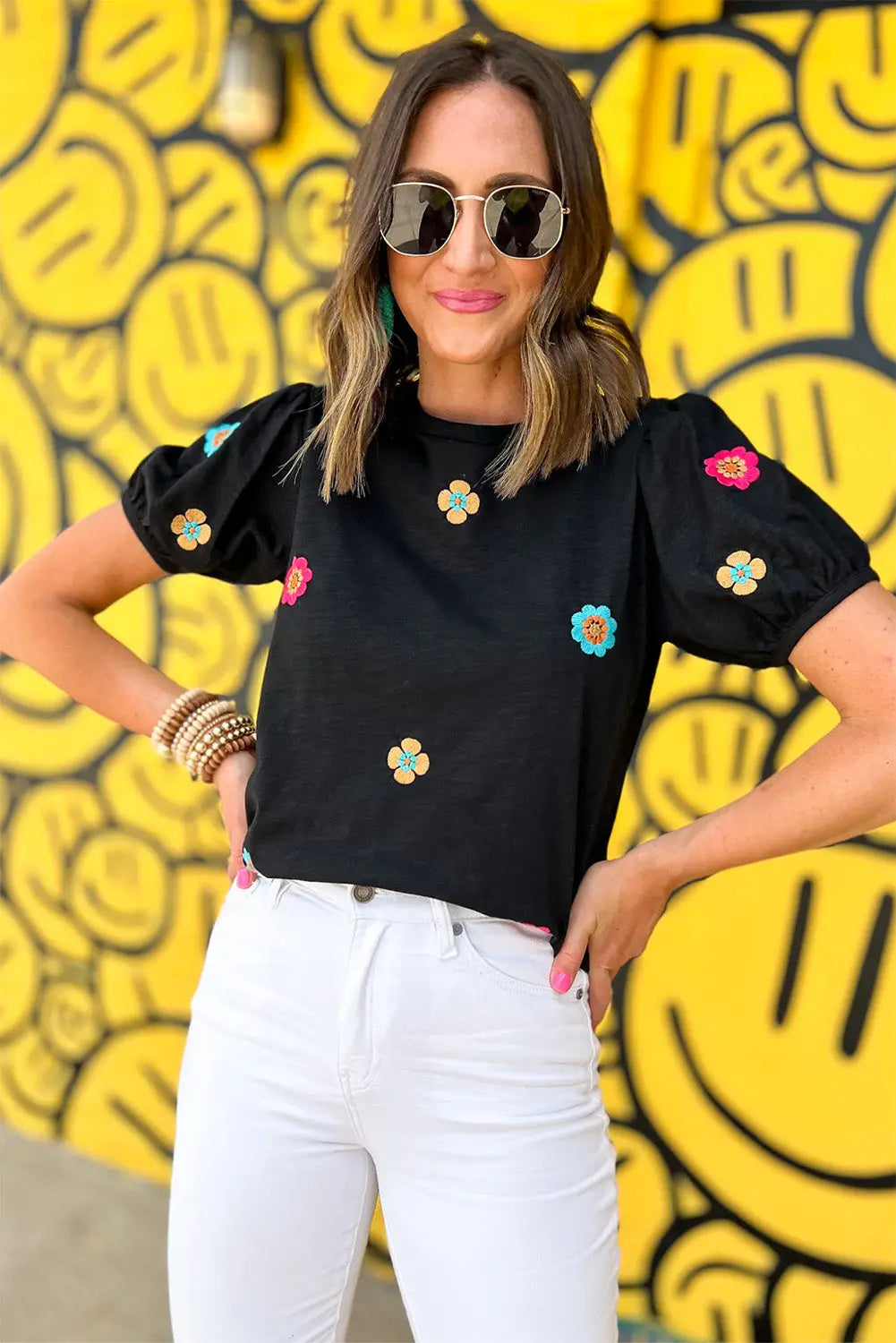 Black Embroidered Flower Short Puff Sleeve Tee-8