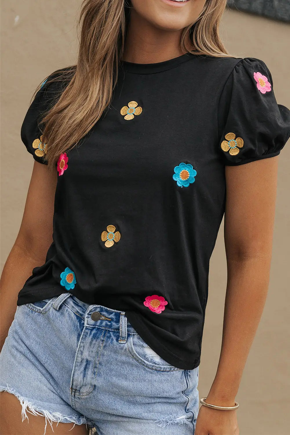 Black Embroidered Flower Short Puff Sleeve Tee-5