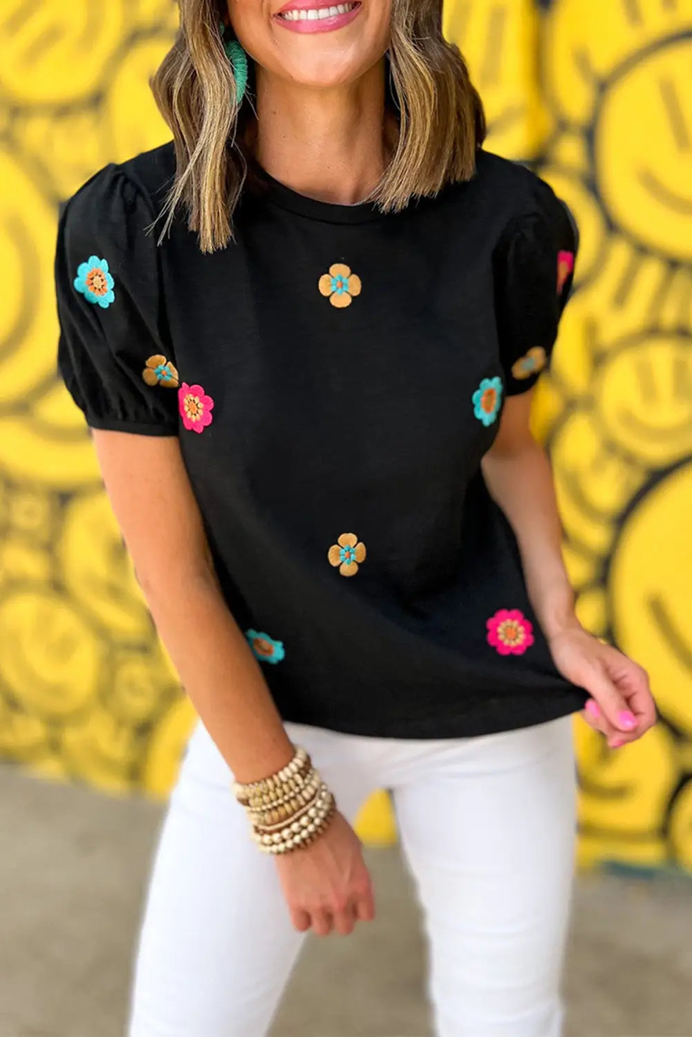 Black Embroidered Flower Short Puff Sleeve Tee-7