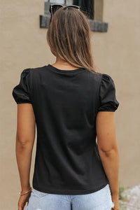 Thumbnail for Black Embroidered Flower Short Puff Sleeve Tee-1