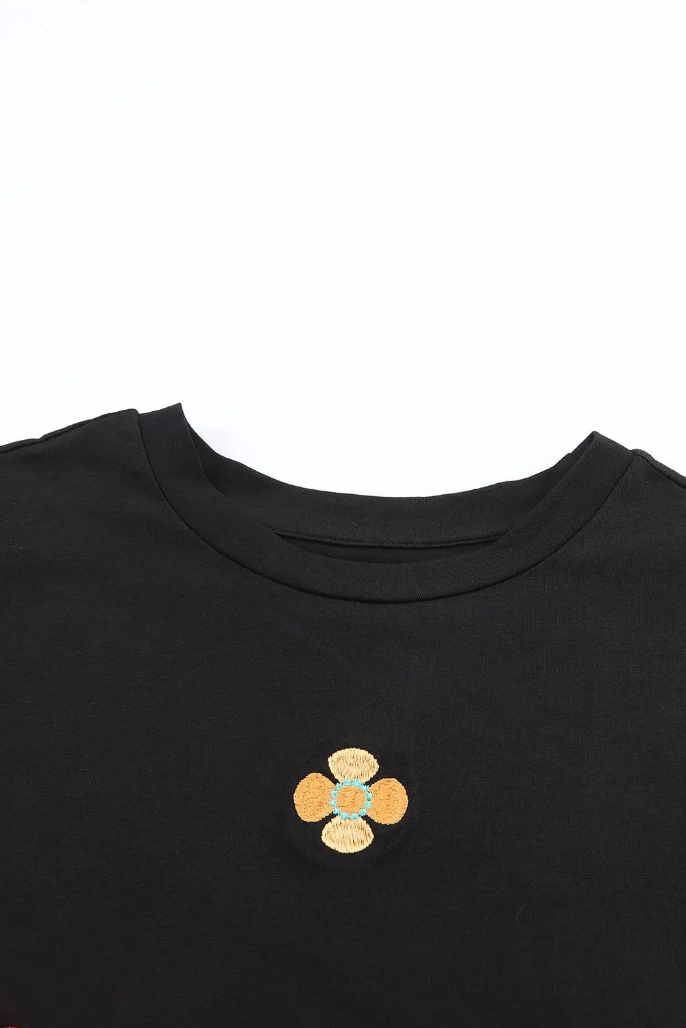 Black Embroidered Flower Short Puff Sleeve Tee-16