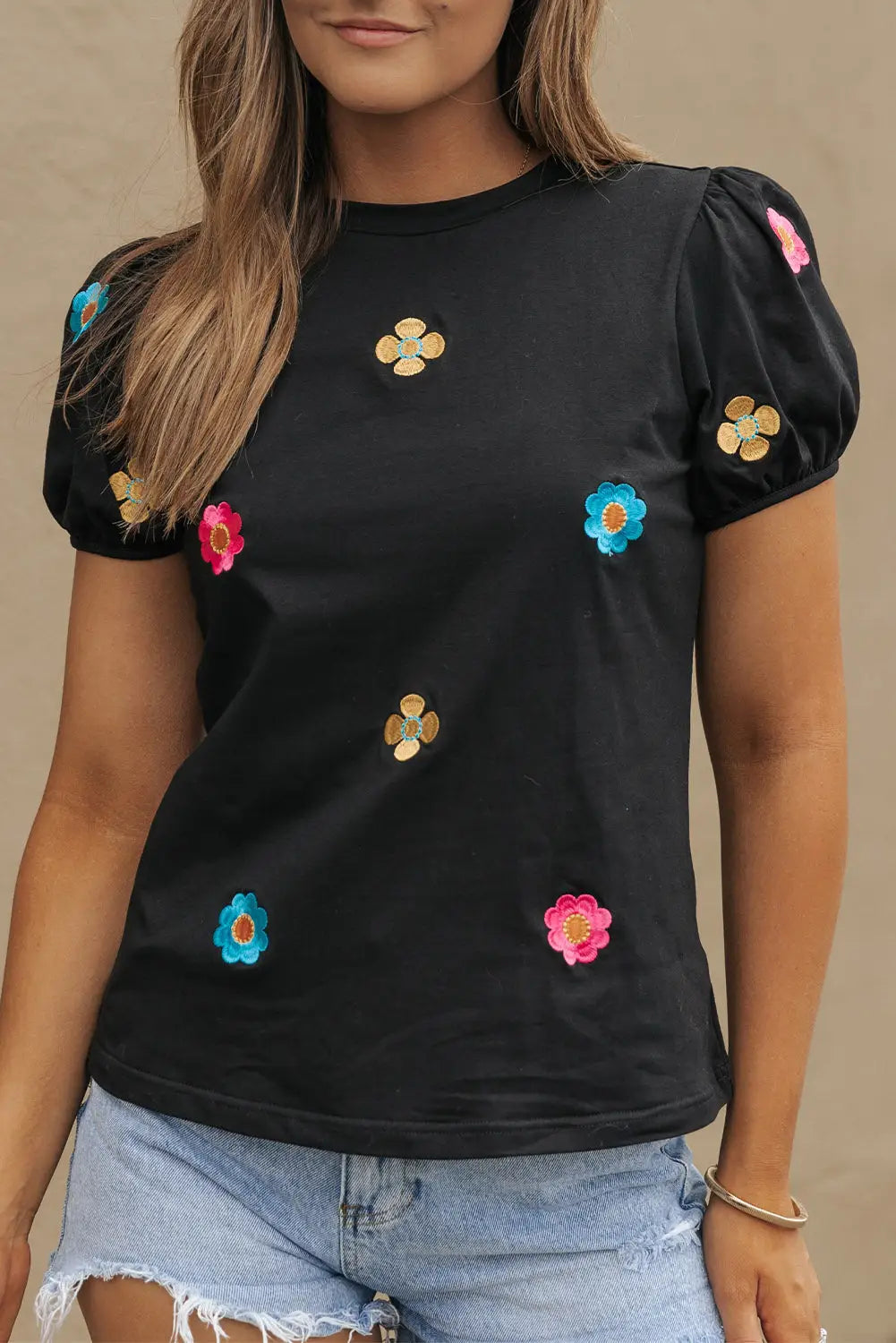 Black Embroidered Flower Short Puff Sleeve Tee-6