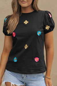 Thumbnail for Black Embroidered Flower Short Puff Sleeve Tee-6