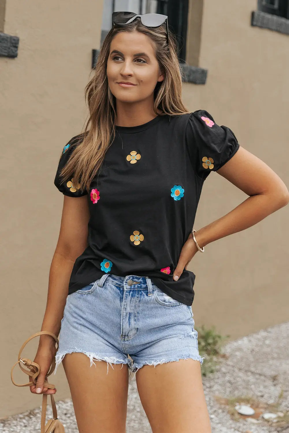 Black Embroidered Flower Short Puff Sleeve Tee-3