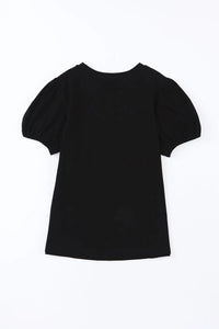 Thumbnail for Black Embroidered Flower Short Puff Sleeve Tee-13