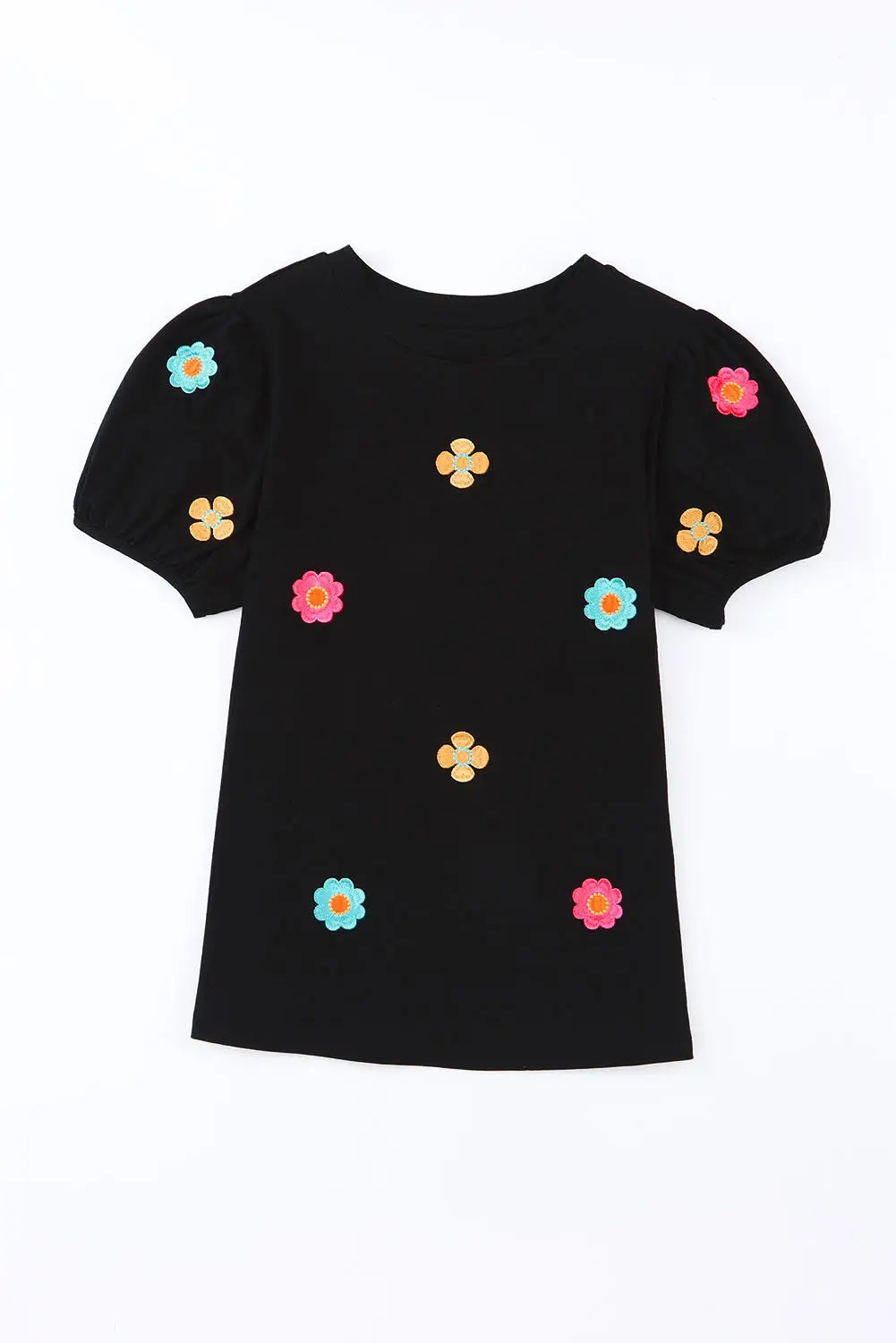 Black Embroidered Flower Short Puff Sleeve Tee-12