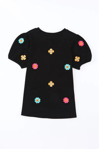 Thumbnail for Black Embroidered Flower Short Puff Sleeve Tee-12