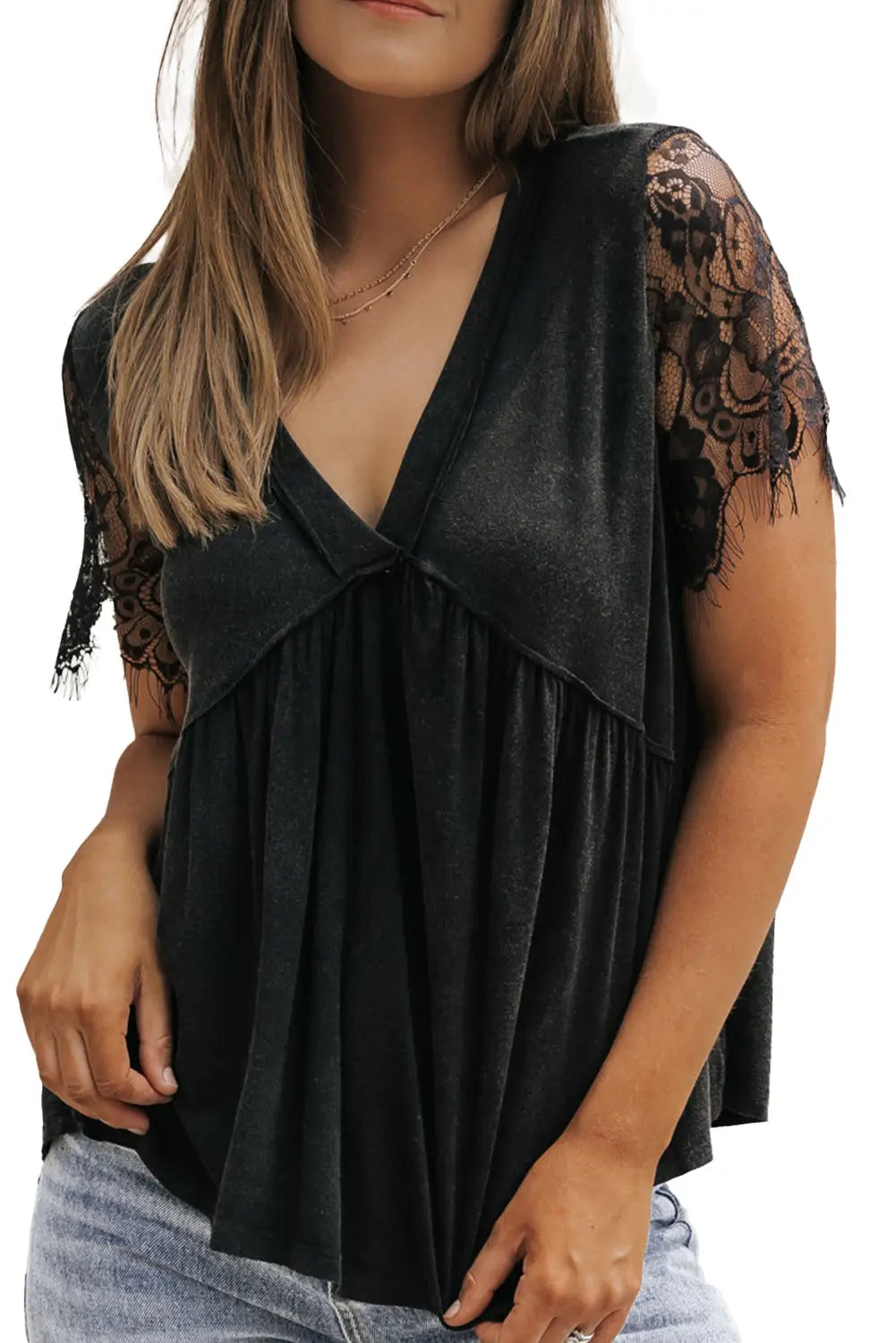 Black Eyelash Lace Sleeve V Neck Ruffle Babydoll Top-5