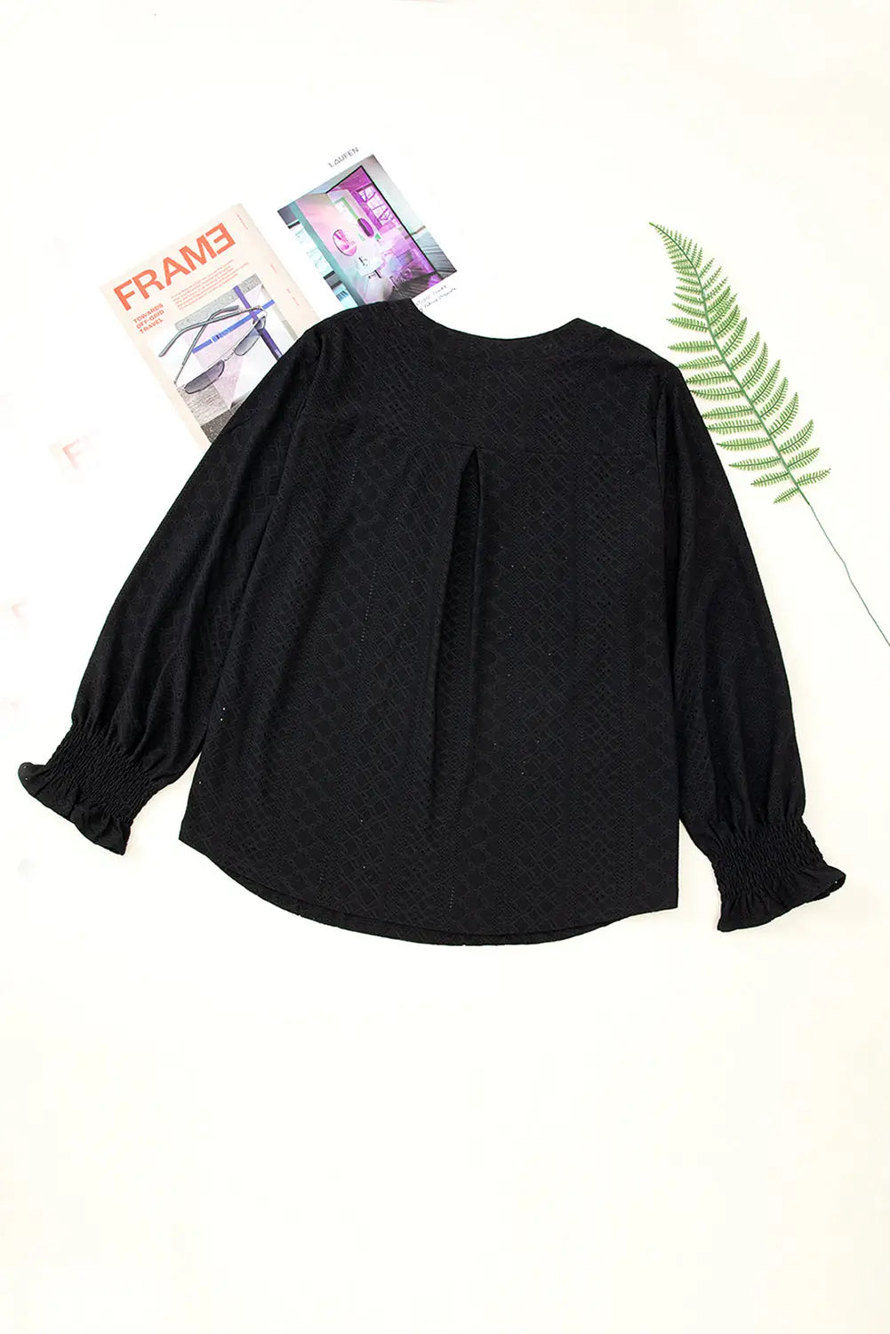 Black Eyelet Jacquard Split Neck Flounce Sleeve Plus Size Blouse-5