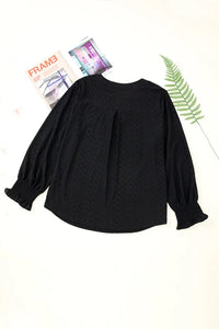 Thumbnail for Black Eyelet Jacquard Split Neck Flounce Sleeve Plus Size Blouse-5