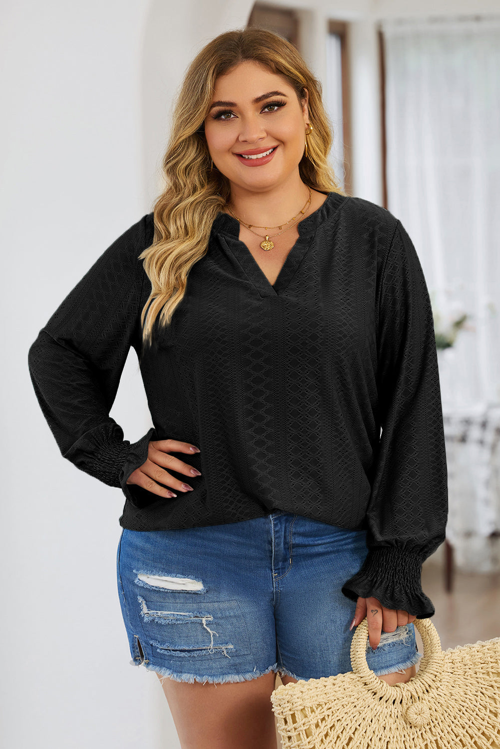 Black Eyelet Jacquard Split Neck Flounce Sleeve Plus Size Blouse-0