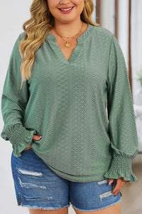 Thumbnail for Black Eyelet Jacquard Split Neck Flounce Sleeve Plus Size Blouse-18