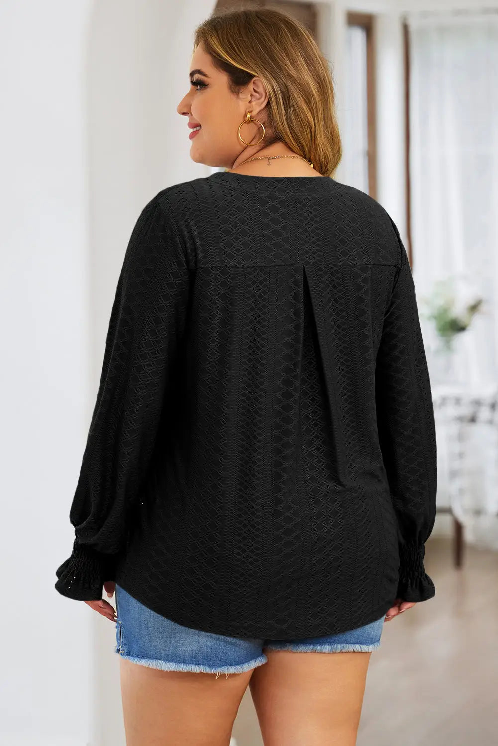 Black Eyelet Jacquard Split Neck Flounce Sleeve Plus Size Blouse-1