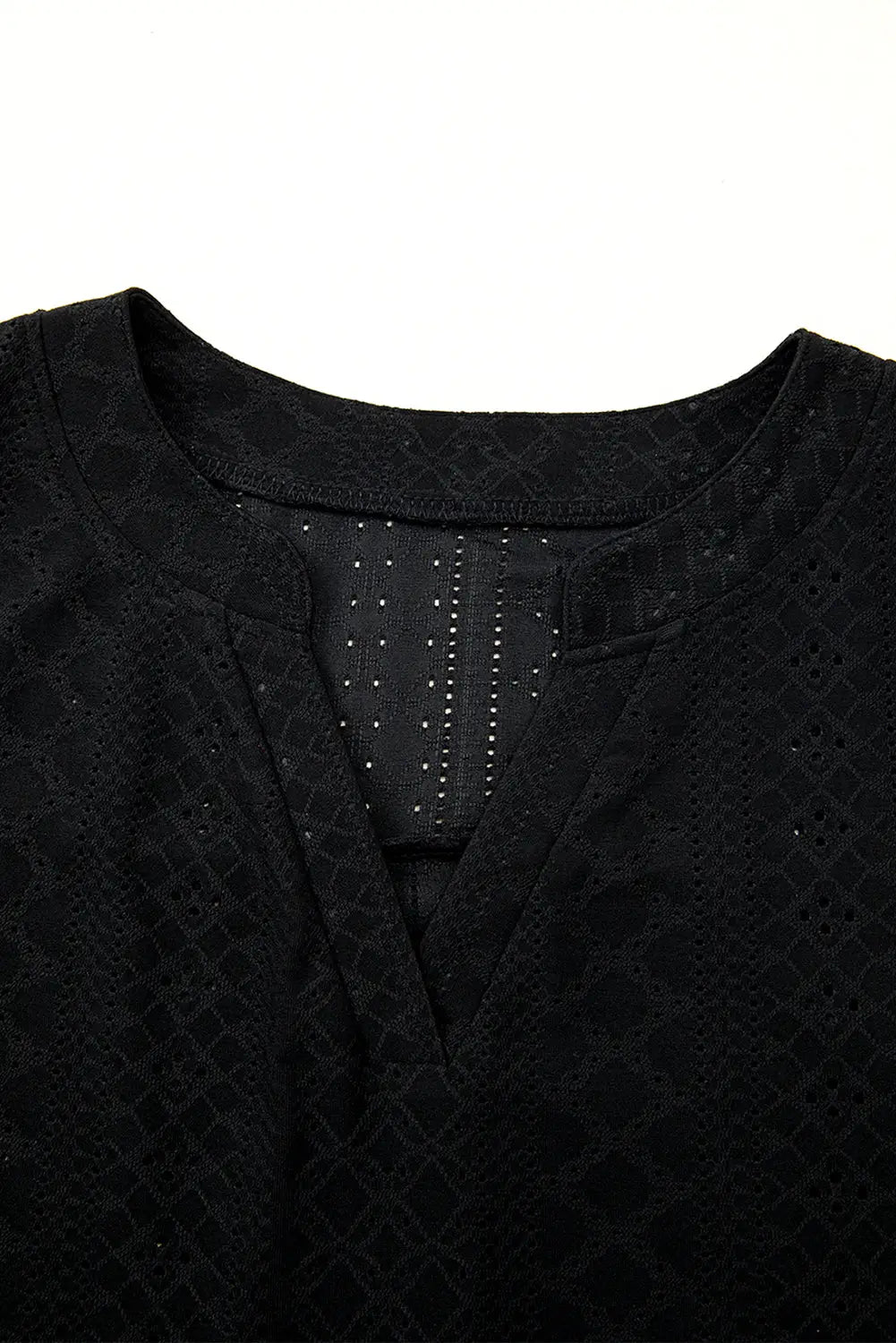 Black Eyelet Jacquard Split Neck Flounce Sleeve Plus Size Blouse-6