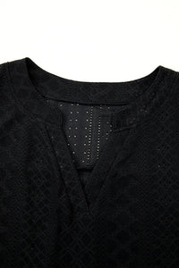 Thumbnail for Black Eyelet Jacquard Split Neck Flounce Sleeve Plus Size Blouse-6