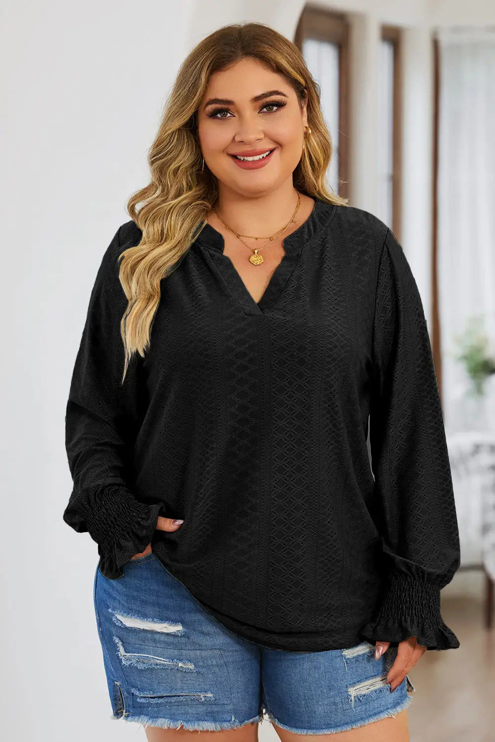 Black Eyelet Jacquard Split Neck Flounce Sleeve Plus Size Blouse-2