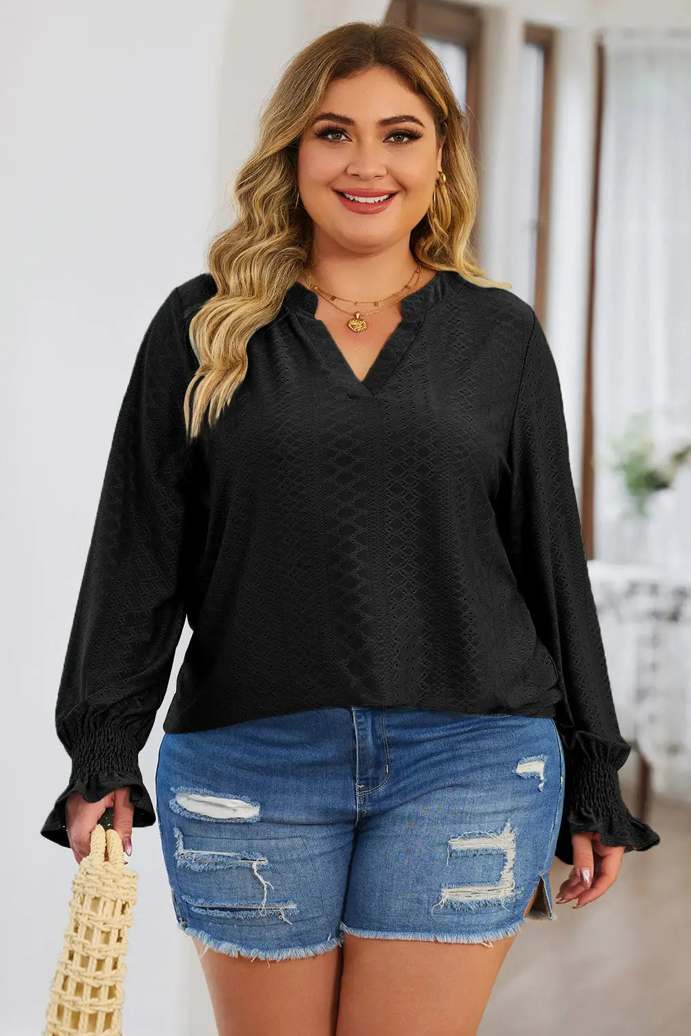 Black Eyelet Jacquard Split Neck Flounce Sleeve Plus Size Blouse-3