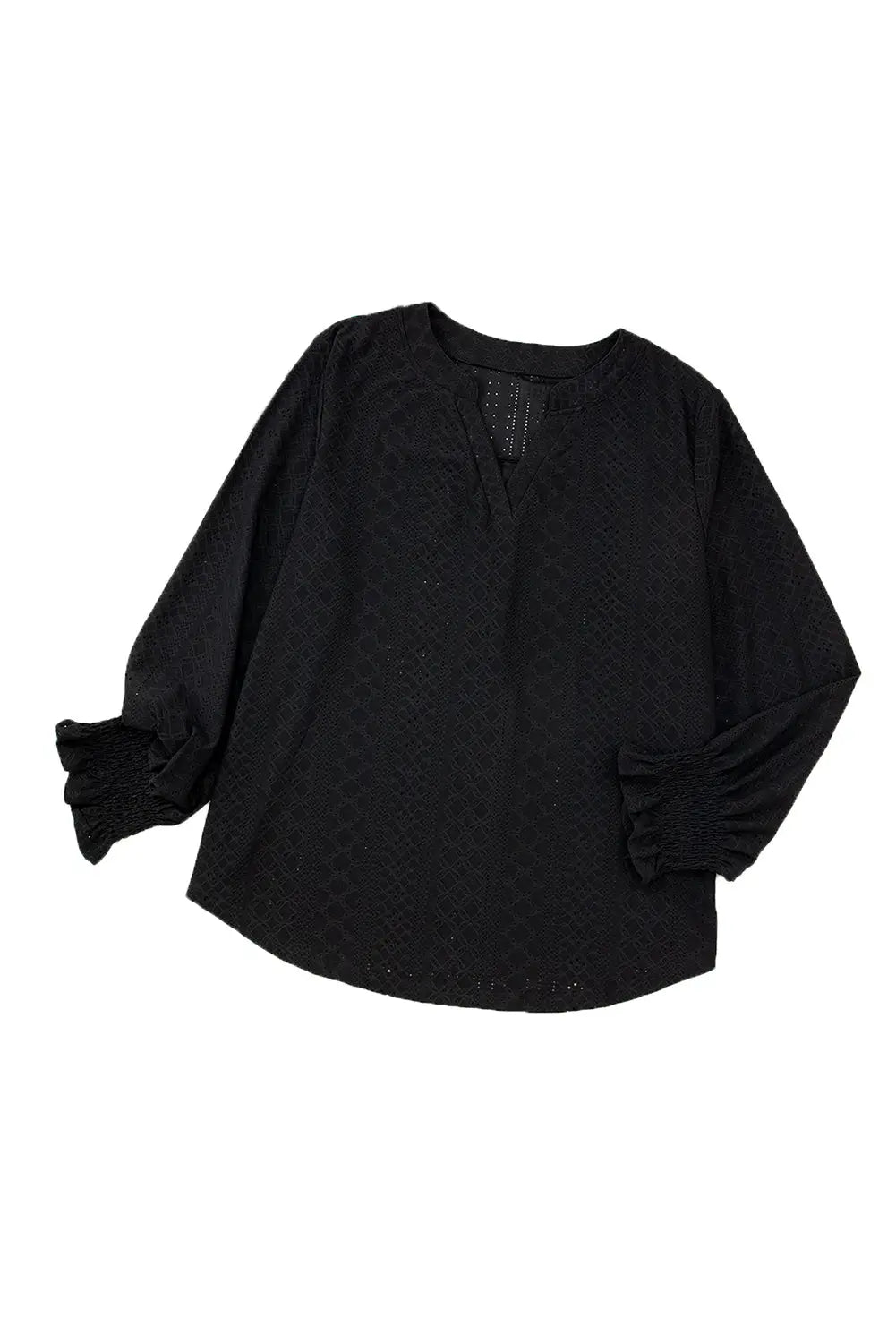 Black Eyelet Jacquard Split Neck Flounce Sleeve Plus Size Blouse-12