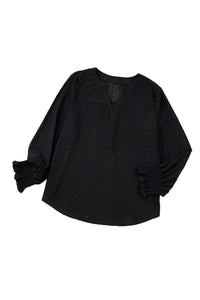 Thumbnail for Black Eyelet Jacquard Split Neck Flounce Sleeve Plus Size Blouse-12