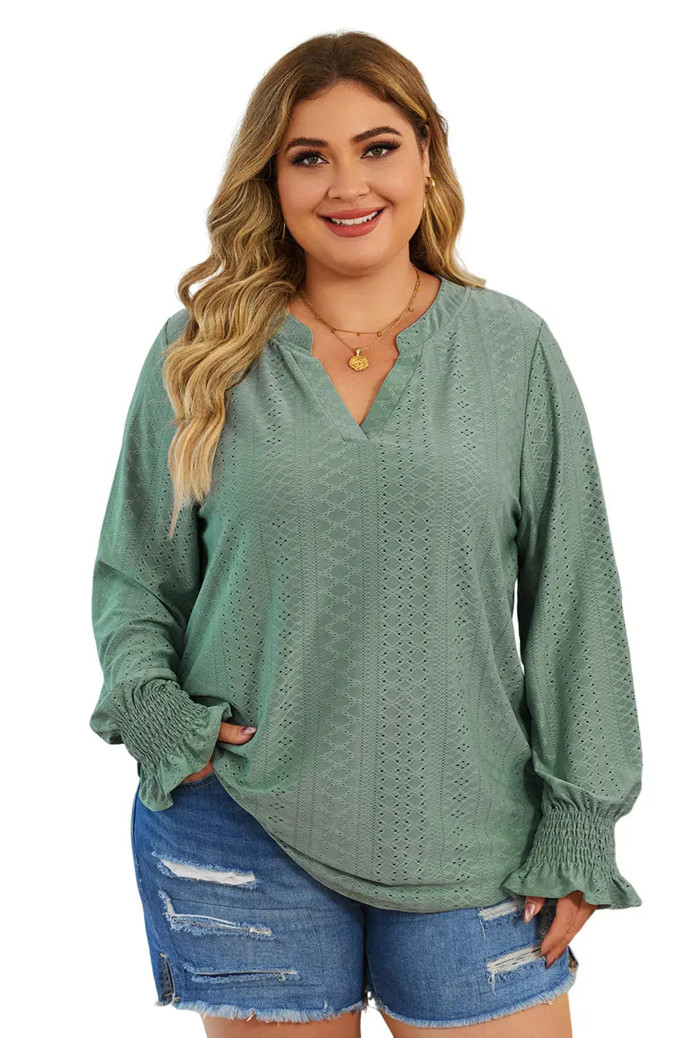 Black Eyelet Jacquard Split Neck Flounce Sleeve Plus Size Blouse-28