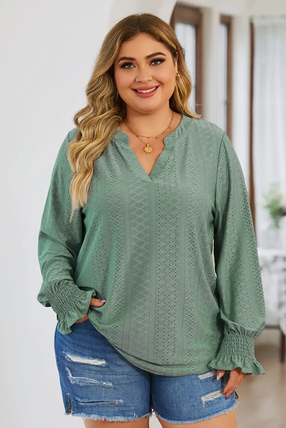 Black Eyelet Jacquard Split Neck Flounce Sleeve Plus Size Blouse-13