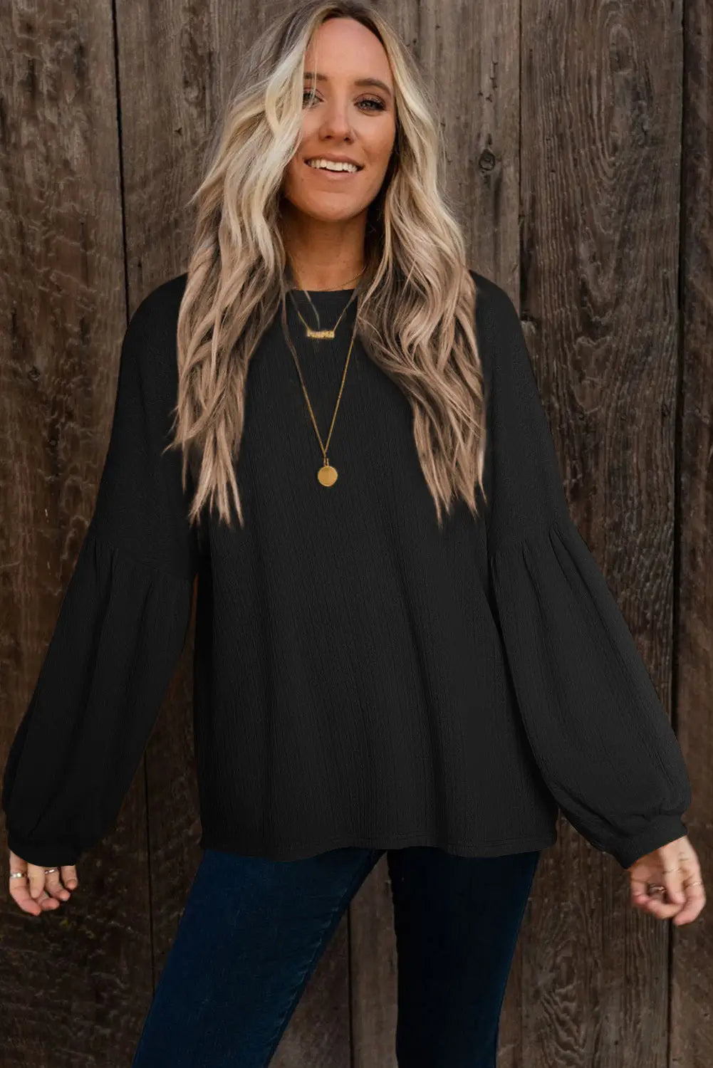 Black Faux Knit Jacquard Puffy Long Sleeve Top-2