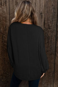 Thumbnail for Black Faux Knit Jacquard Puffy Long Sleeve Top-1