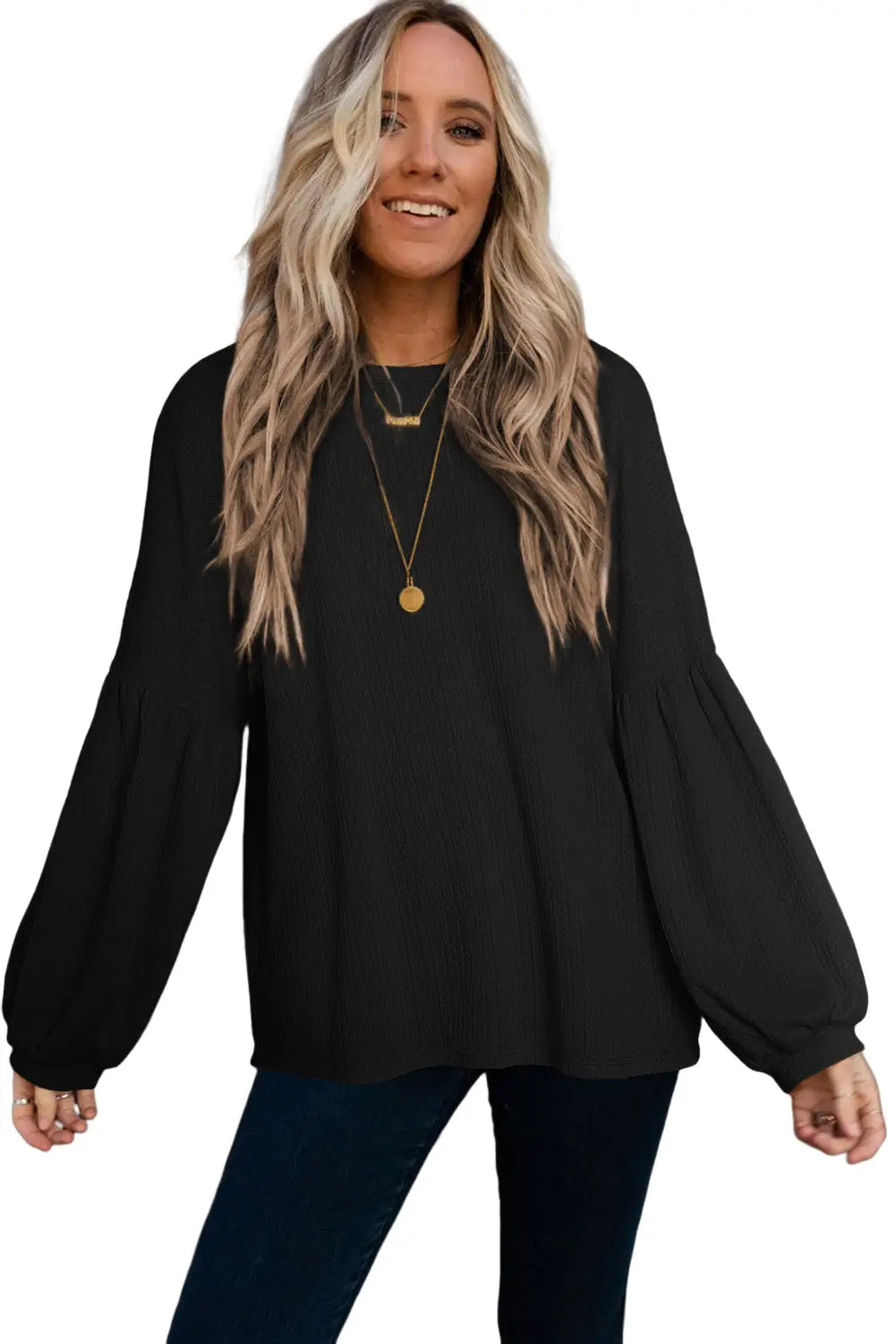 Black Faux Knit Jacquard Puffy Long Sleeve Top-3