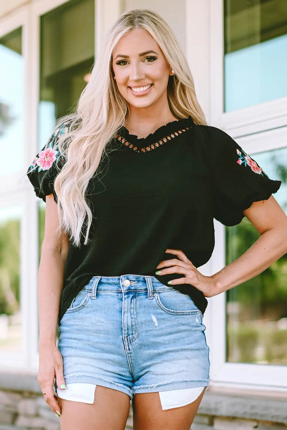 Black Floral Embroidered Bubble Sleeve Frill V Neck Top-0