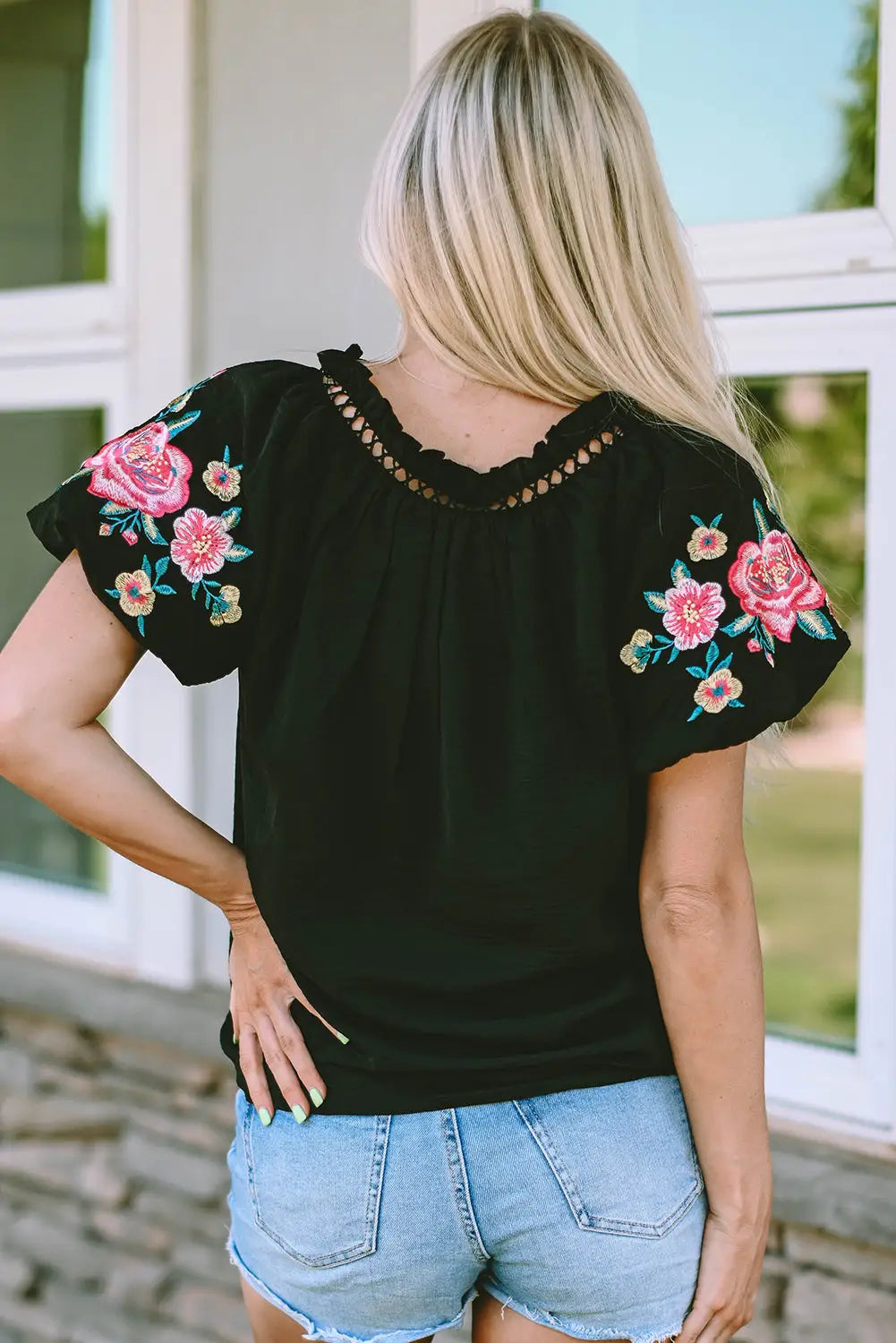 Black Floral Embroidered Bubble Sleeve Frill V Neck Top-1