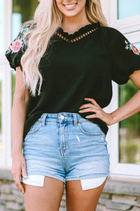 Thumbnail for Black Floral Embroidered Bubble Sleeve Frill V Neck Top-6