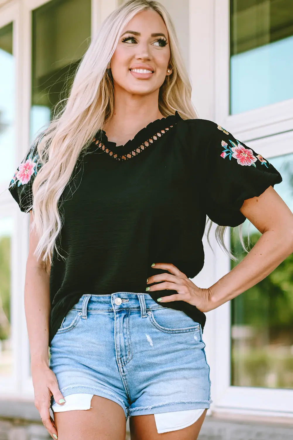 Black Floral Embroidered Bubble Sleeve Frill V Neck Top-3