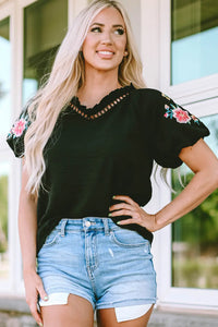 Thumbnail for Black Floral Embroidered Bubble Sleeve Frill V Neck Top-3