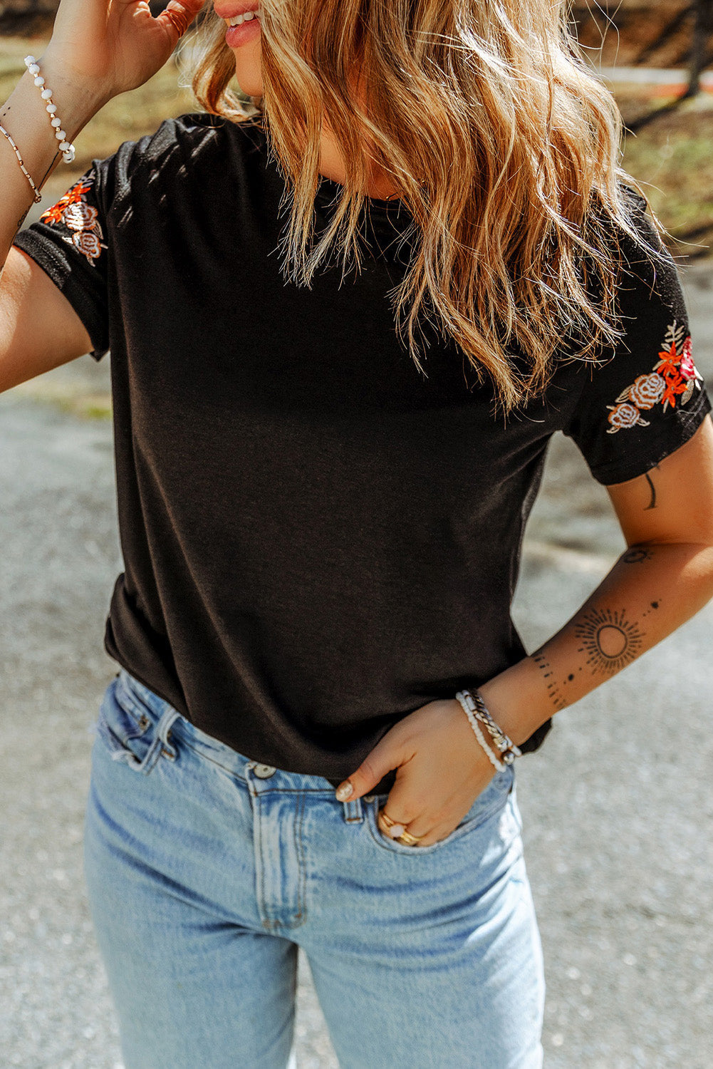 Black Floral Embroidered Round Neck Short Sleeve T Shirt-0