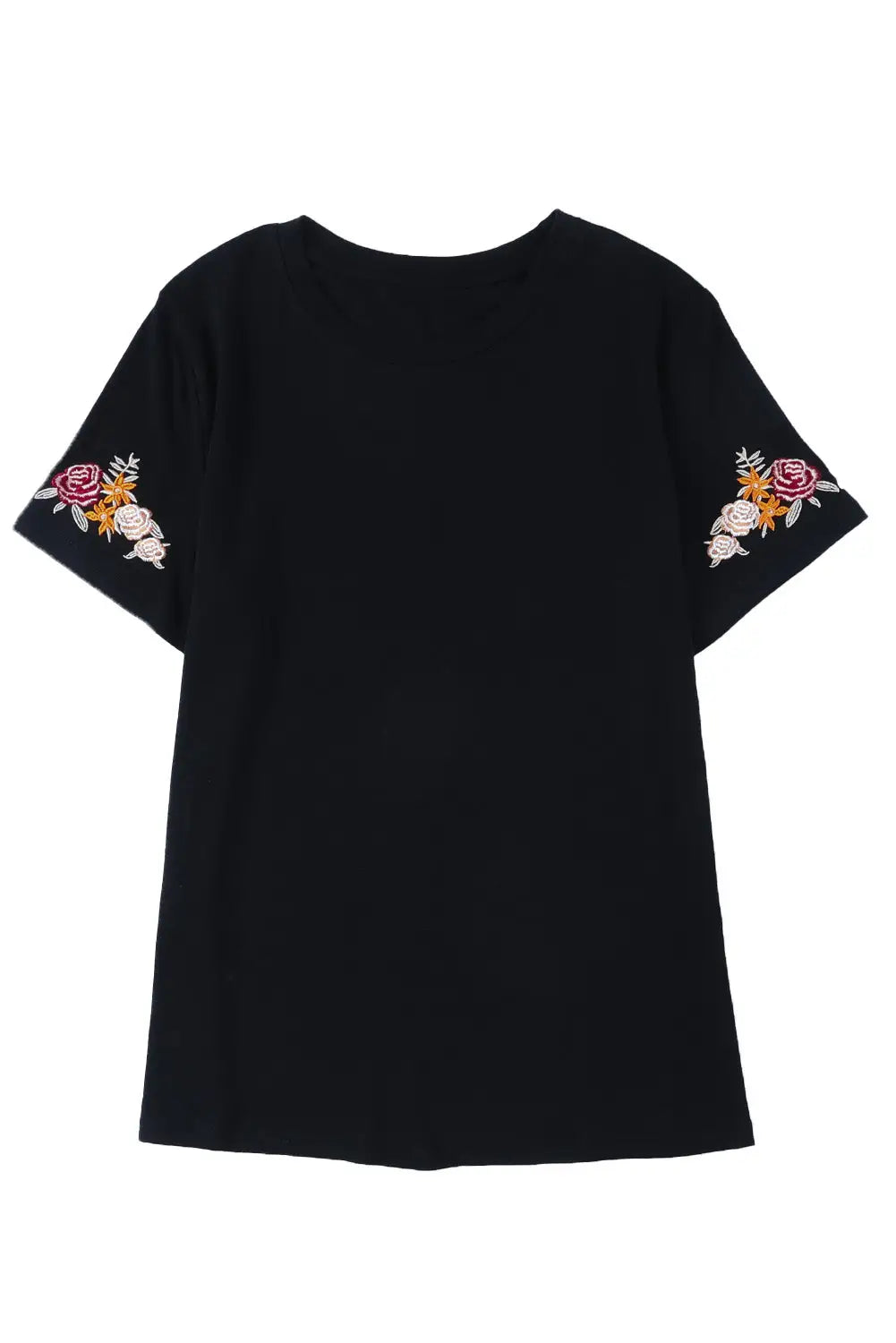 Black Floral Embroidered Round Neck Short Sleeve T Shirt-12