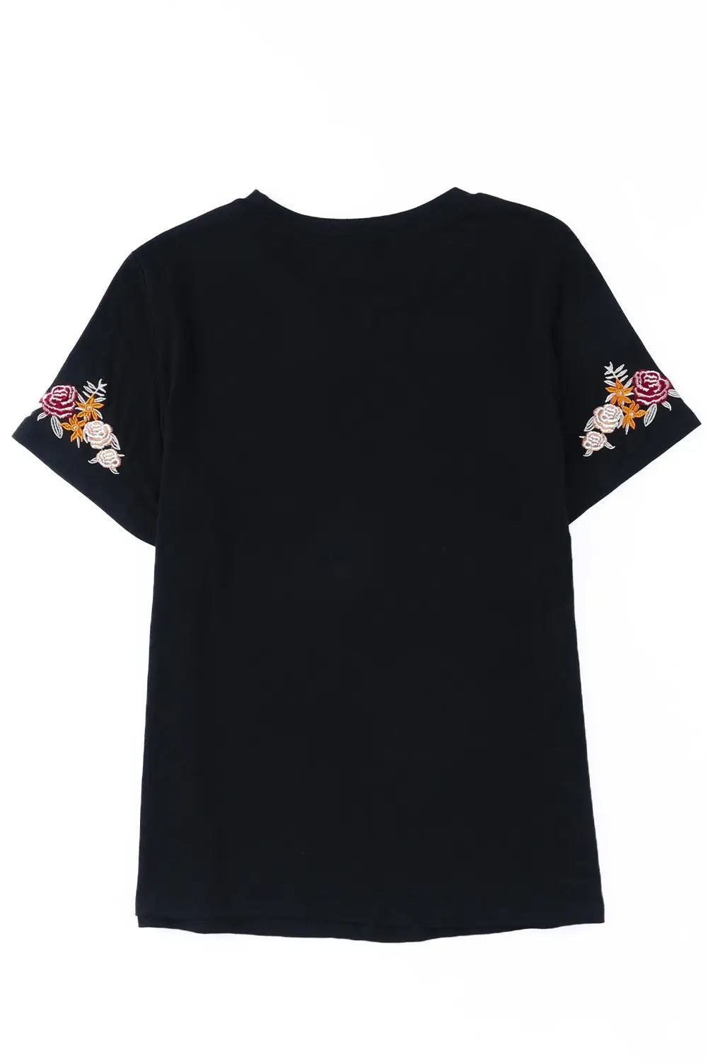 Black Floral Embroidered Round Neck Short Sleeve T Shirt-11