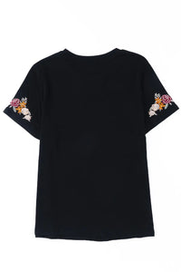 Thumbnail for Black Floral Embroidered Round Neck Short Sleeve T Shirt-11