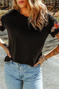 Thumbnail for Black Floral Embroidered Round Neck Short Sleeve T Shirt-4