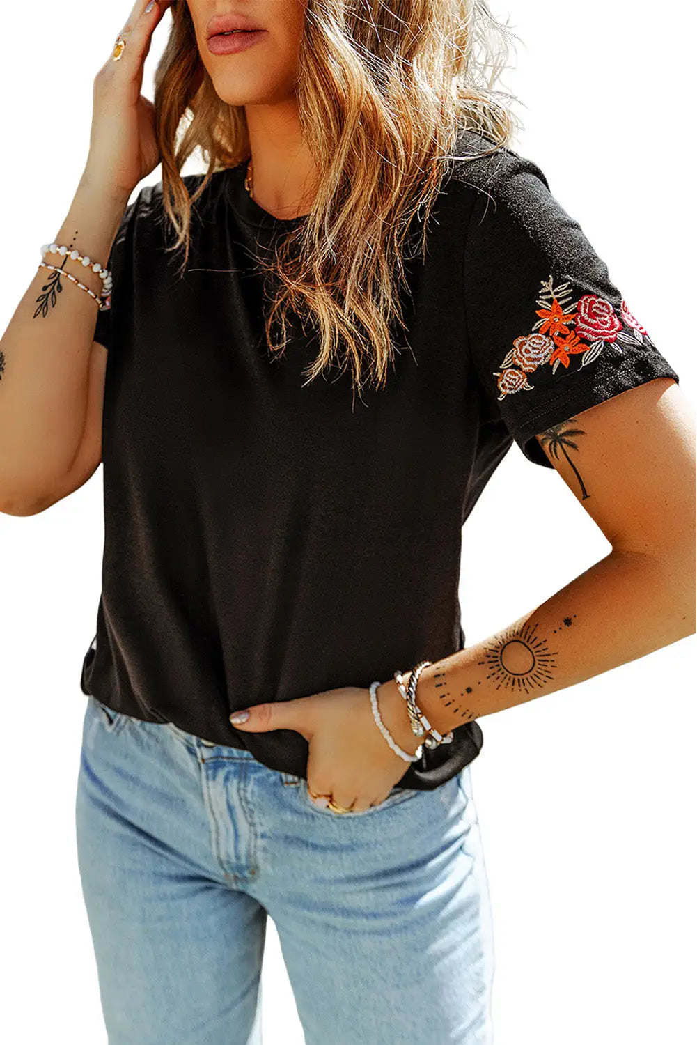 Black Floral Embroidered Round Neck Short Sleeve T Shirt-13