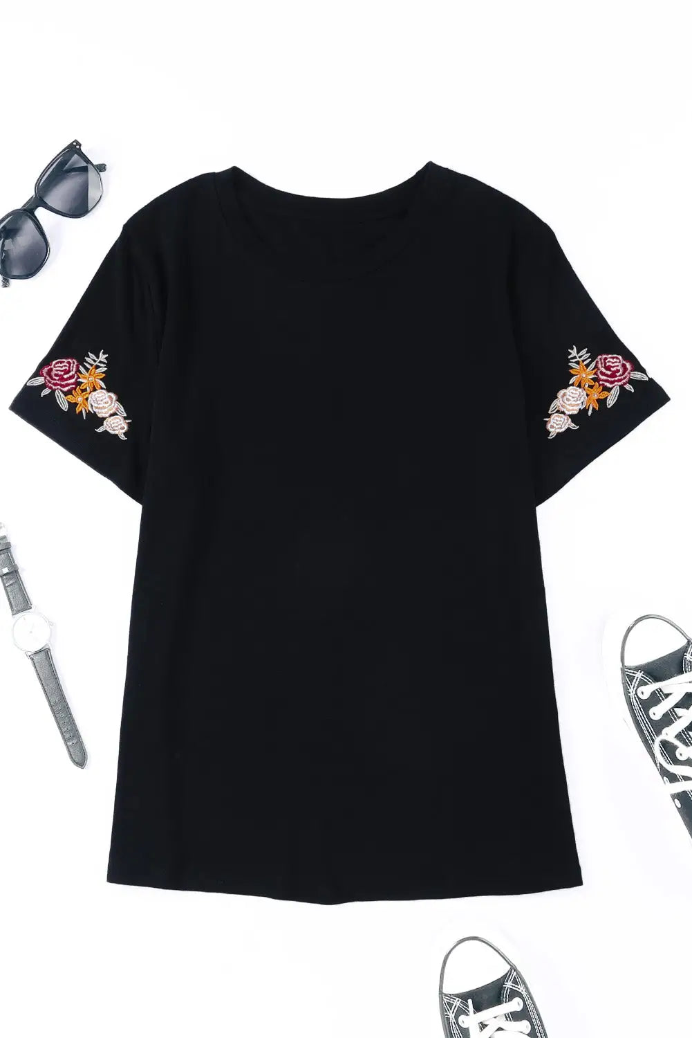 Black Floral Embroidered Round Neck Short Sleeve T Shirt-5