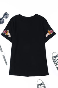 Thumbnail for Black Floral Embroidered Round Neck Short Sleeve T Shirt-5