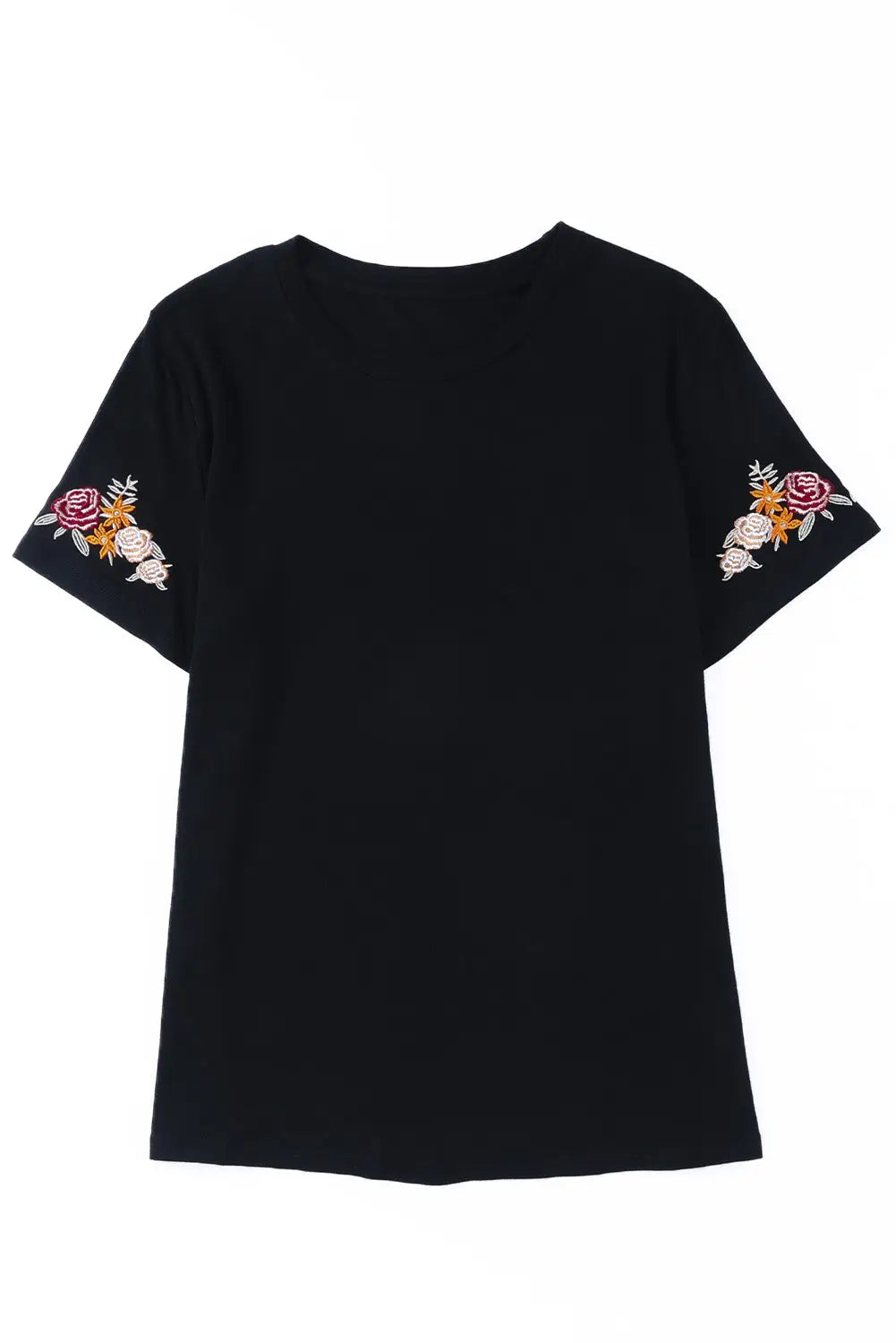 Black Floral Embroidered Round Neck Short Sleeve T Shirt-6