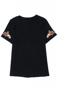 Thumbnail for Black Floral Embroidered Round Neck Short Sleeve T Shirt-6