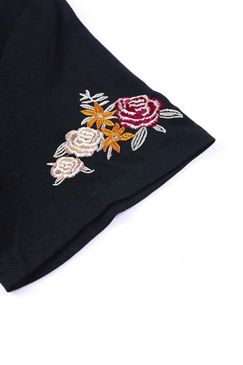 Black Floral Embroidered Round Neck Short Sleeve T Shirt-8