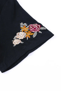 Thumbnail for Black Floral Embroidered Round Neck Short Sleeve T Shirt-8