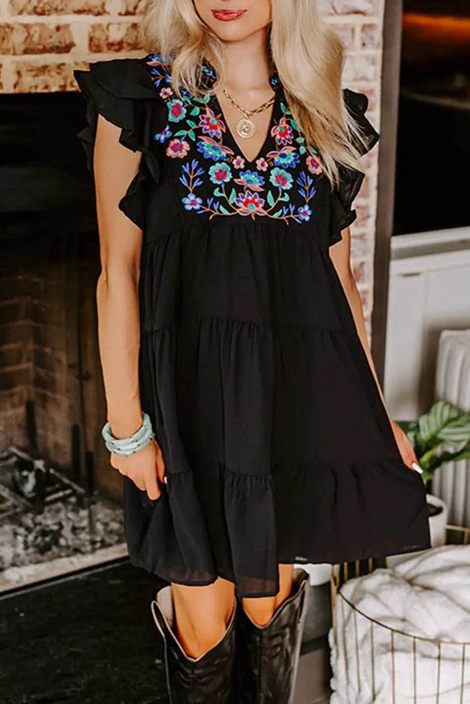 Black Floral Embroidered Mini Dress - Tiered Ruffled-0