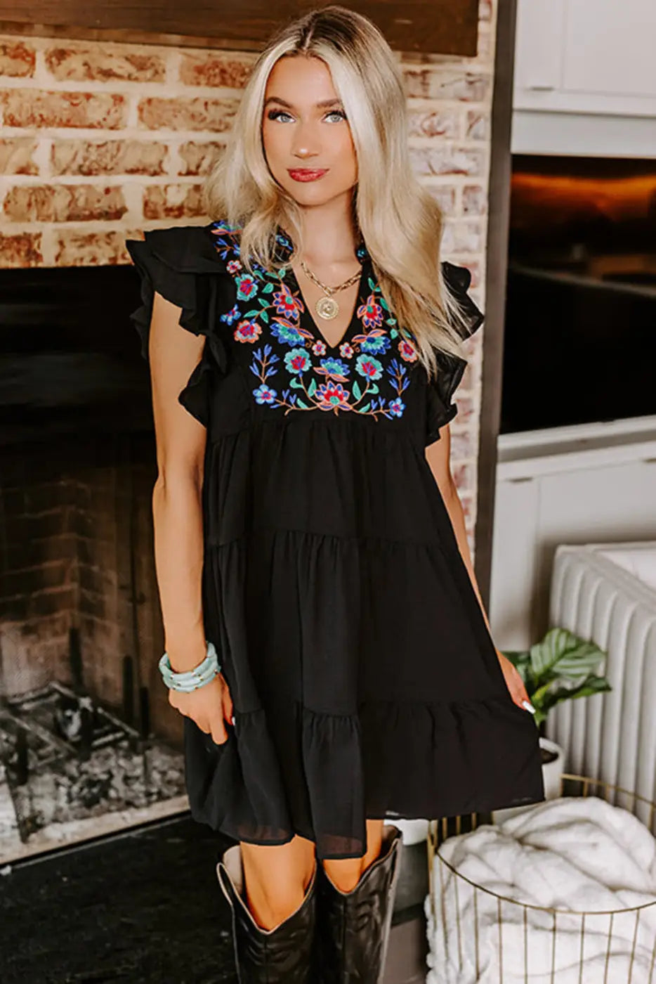 Black Floral Embroidered Mini Dress - Tiered Ruffled-4