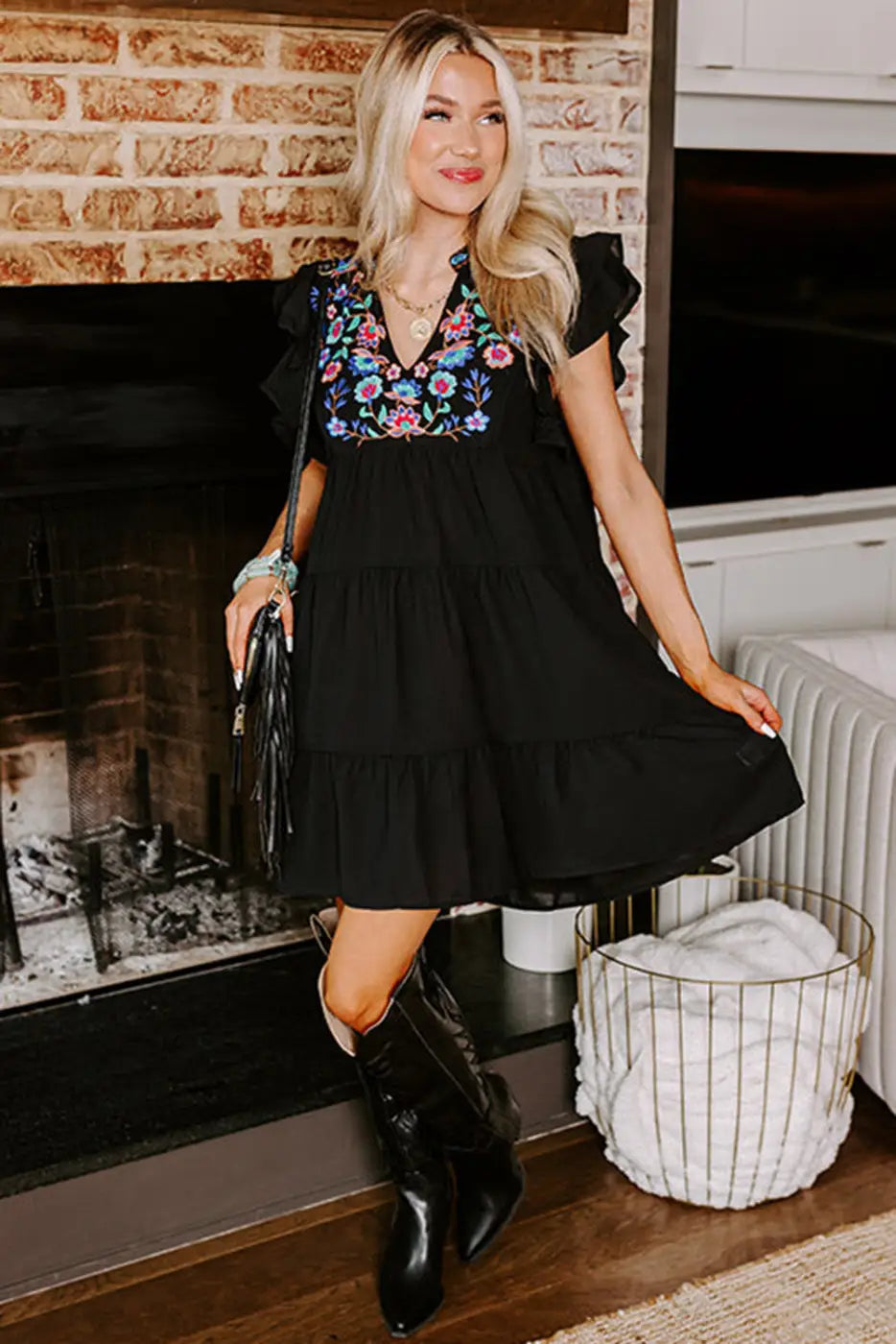 Black Floral Embroidered Mini Dress - Tiered Ruffled-3