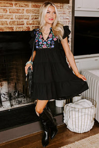 Thumbnail for Black Floral Embroidered Mini Dress - Tiered Ruffled-3